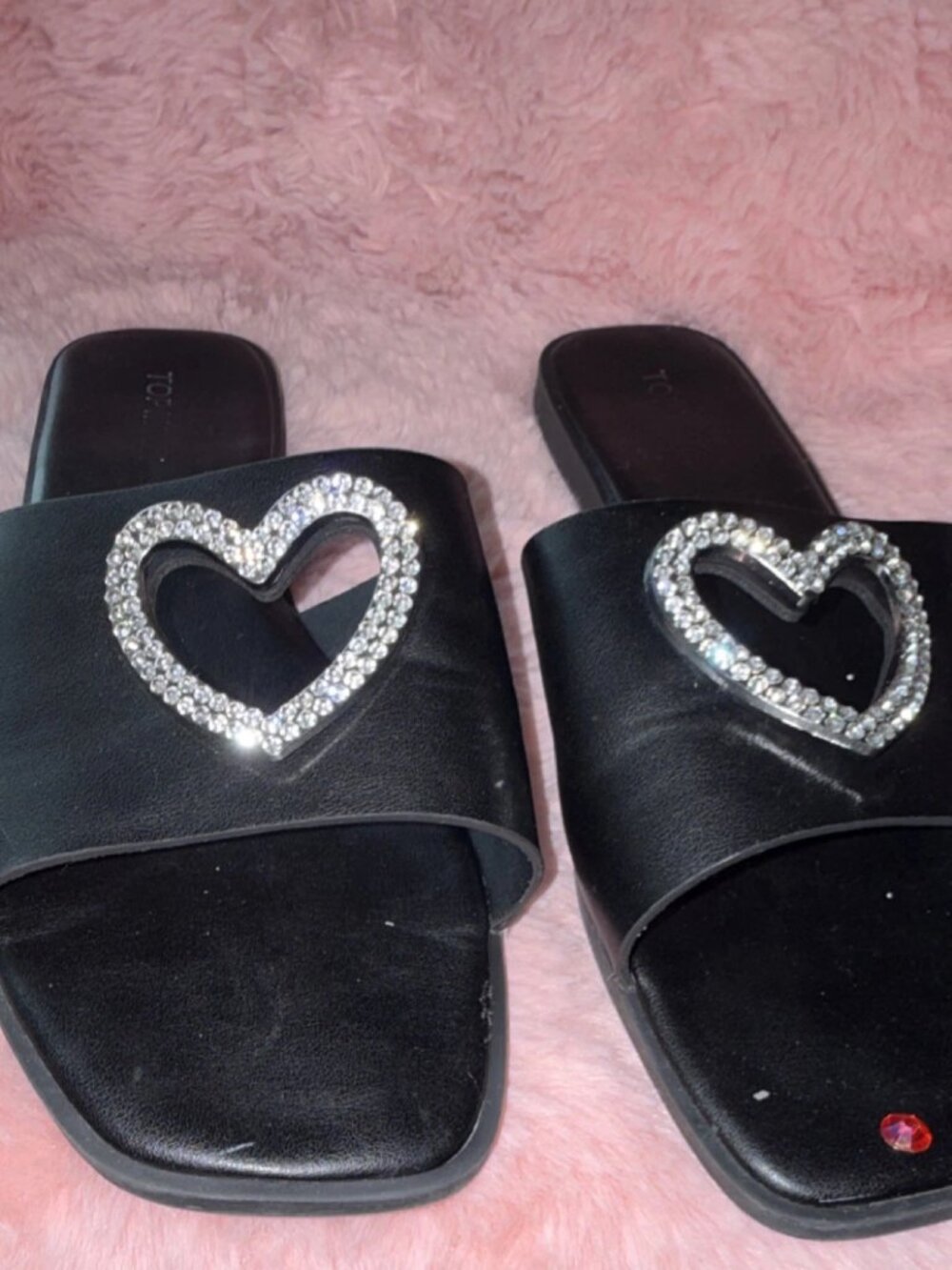 TOP MODA Black Heart Rhinestone Slide Flats Slip-On Women's Size 10